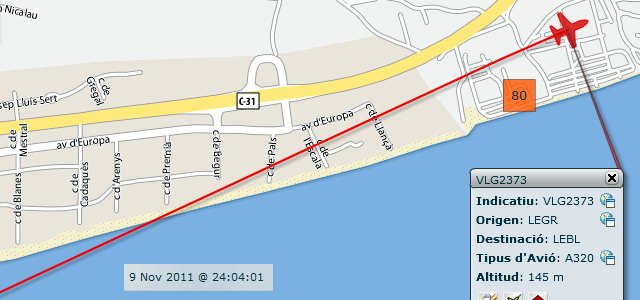 Avin aproximndose al aeropuerto de Barcelona-El Prat para aterrizar en la tercera pista, en configuracin este, sobrevolando dentro del horario nocturno y con un elevadsim impacto acstico (9 Noviembre 2011 - 00:04h)